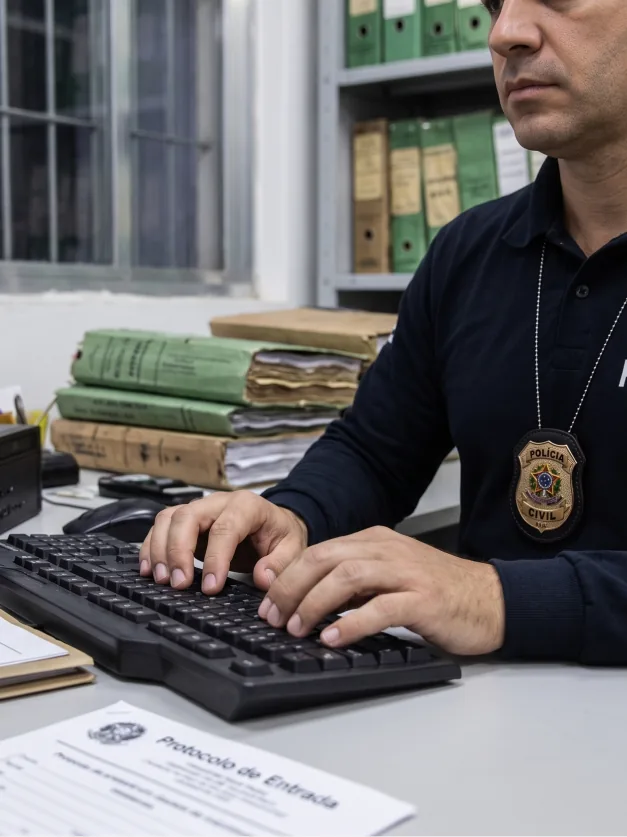 Escrivão registrando ocorrência na delegacia